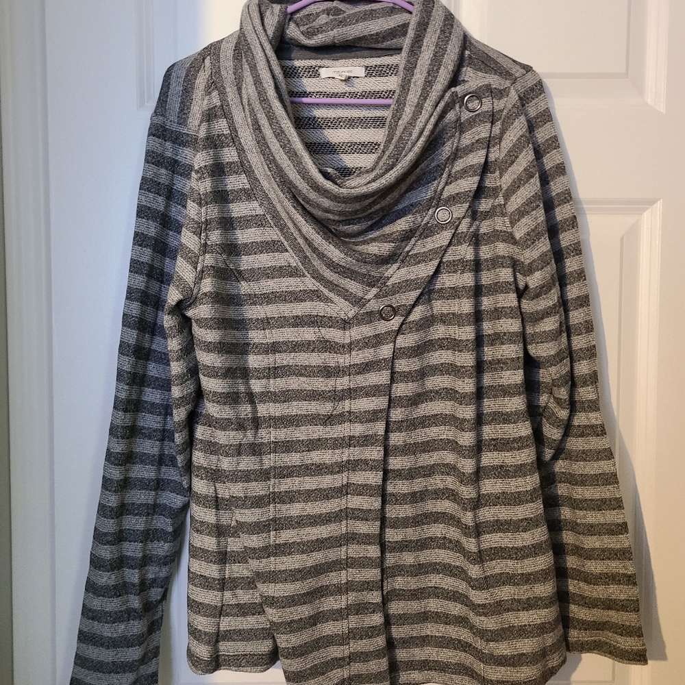 Maurices XL Grey Striped, Cowl Neck Button Up Cardigan